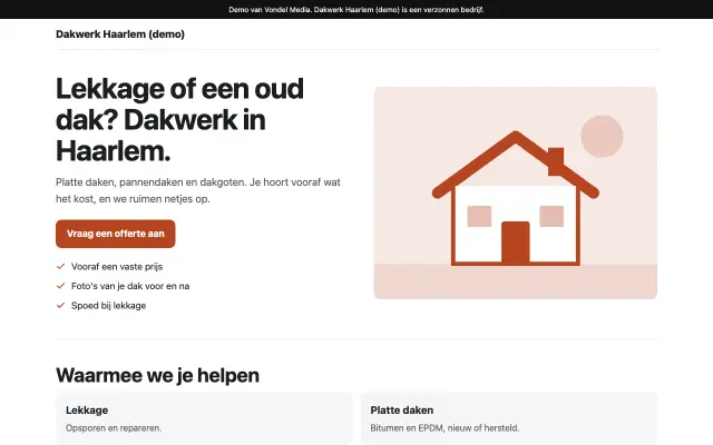 Schermafbeelding van de demo-homepage van Dakwerk Haarlem, een verzonnen bedrijf