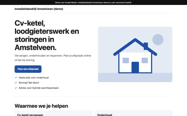 Schermafbeelding van de demo-homepage van Installatiebedrijf Amstelveen, een verzonnen bedrijf
