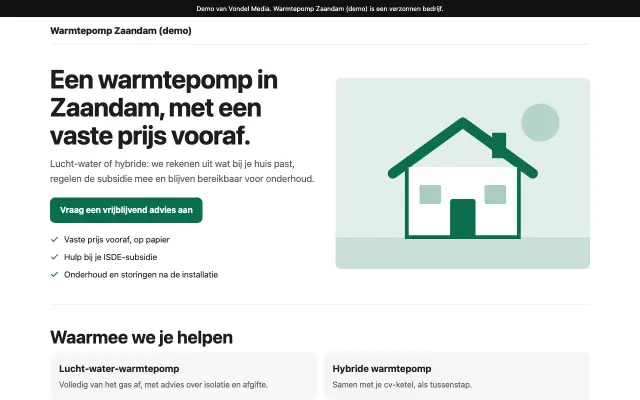 Schermafbeelding van de demo-homepage van Warmtepomp Zaandam, een verzonnen bedrijf